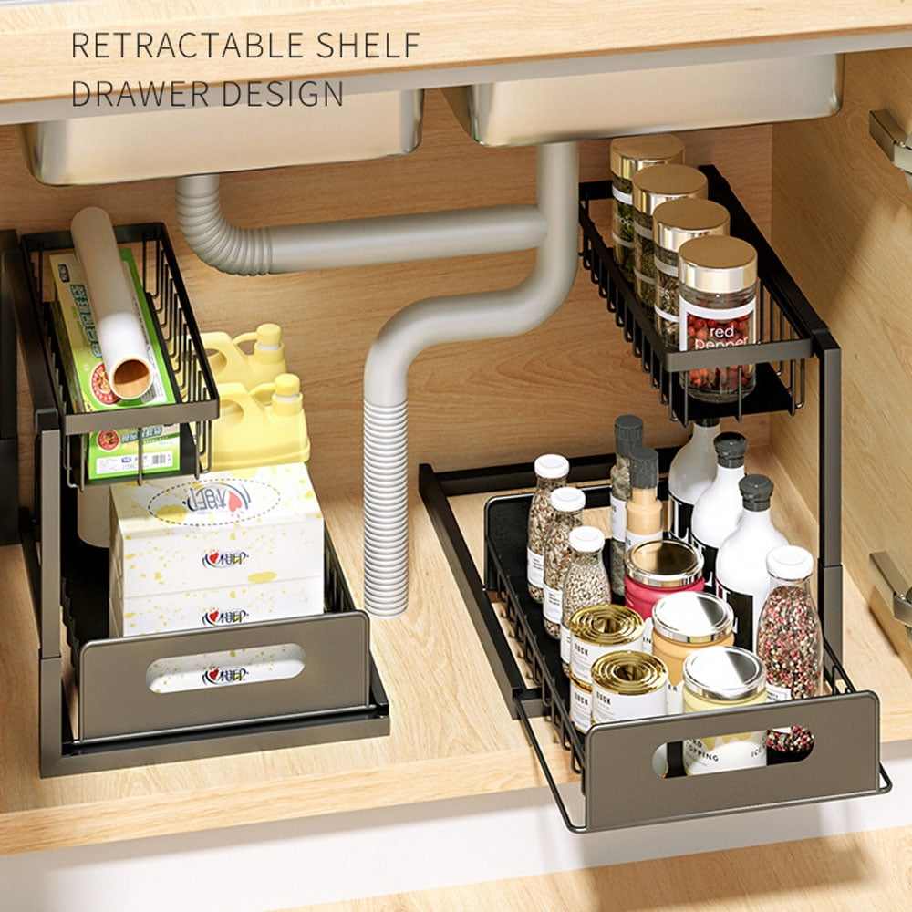 Sensch 2 Pack Metal Under Sink Organizers and Storage 2 Tier Sliding ...