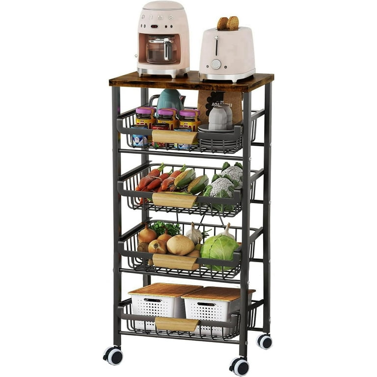 Sensch 5 Tier Fruit Rack for Kitchen Large Pull out Wire Basket With Wood Top and Wheels Kitchen Storage Cart for Fruit Vegetable Walmart