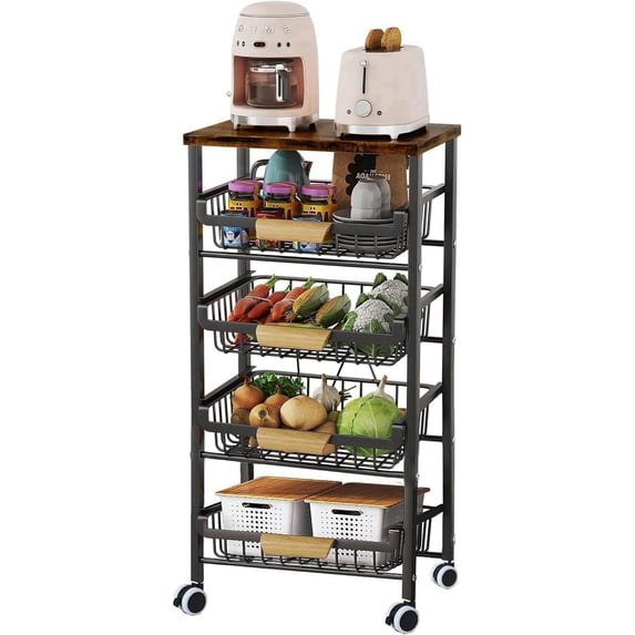 Sensch 5 Tier Fruit Rack for Kitchen Large Pull-out Wire Basket With Wood Top and Wheels, Kitchen Storage Cart for Fruit Vegetable
