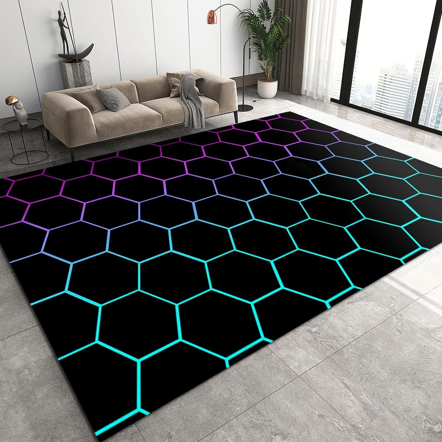 Sense Of Technology Gaming Room Rug, Black Blue Purple Honeycomb ...