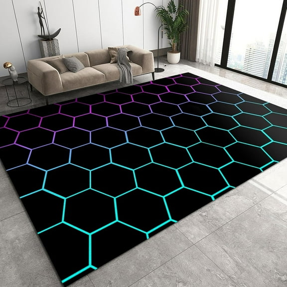 Sense Of Technology Gaming Room Rug, Black Blue Purple Honeycomb Geometric Hexagon Washable Area Rug, Non Slip Low Pile Non-Shedding Mats For Living Room Bedroom Entryway Hallway 1x2ft