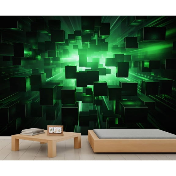 Sense Of Technology Mural, Neon Green Geometric Wall Paintings, Modern 3D Murals For Living Room Bedroom, Solid Geometry 3D Wall Mural, Geometry Home Decor & Gift 55"W x 28"H (Not Peel and Stick)
