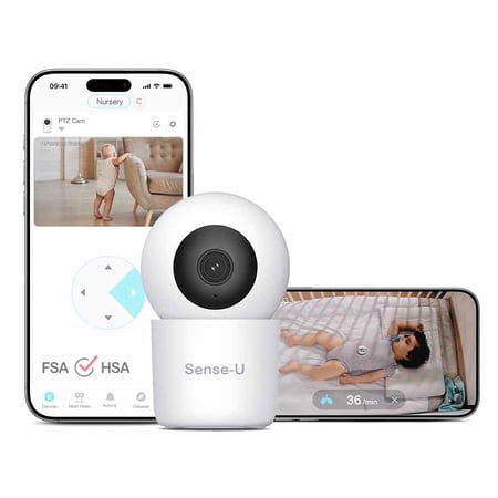 Sense-U 2K PTZ Baby Monitor Camera with 2K HD Video, Background Audio, Cry Detection, No Monthly Fee, Sensor-Free Sleep Movement Detection, Security Camera, for Peace of Mind