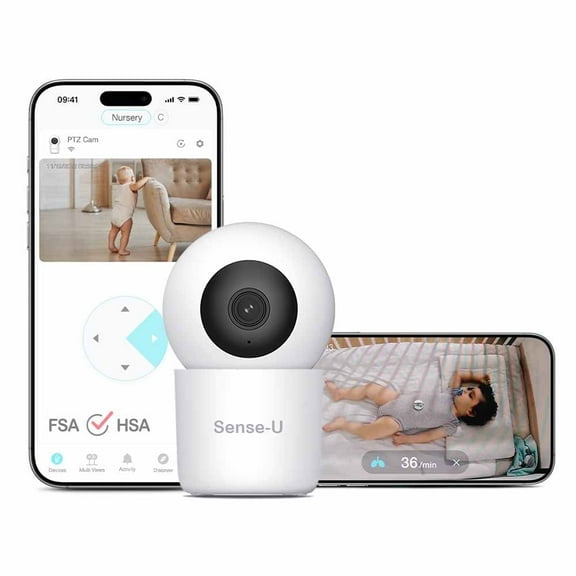 Sense-U 2K PTZ Baby Monitor Camera with 2K HD Video, Background Audio, Cry Detection, No Monthly Fee, Sensor-Free Sleep Breathing Movement Detection, Security Camera, for Peace of Mind
