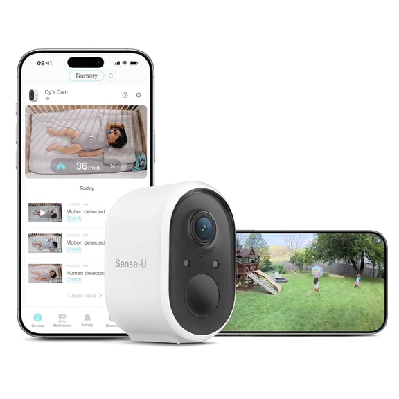 Sense-U Smart Battery Baby Monitor Security Camera, Indoor/Outdoor Use, AI Movement Detection, 1080p Video Monitor, Wireless Camera, 2-Way Audio, No Monthly Fee