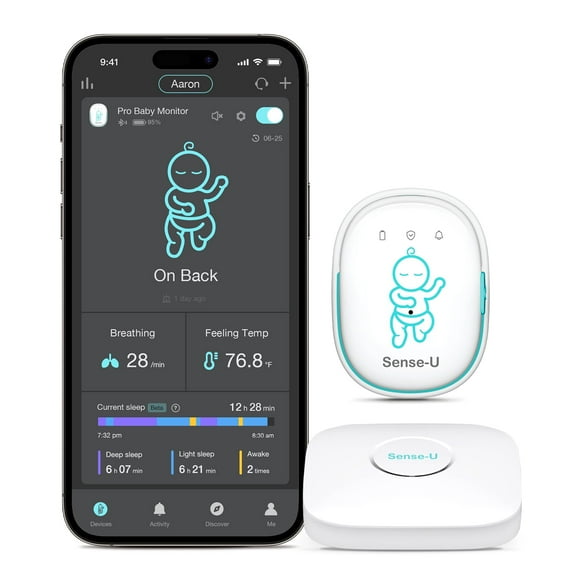 Sense-U Smart Baby Monitor Pro(Long Range) with Arousal Vibration, Audible & App Alerts Anywhere: Tracks Abdominal Movement, Rollover, Sleeping Position, Feeling Temperature, Wearable Sleep Monitor