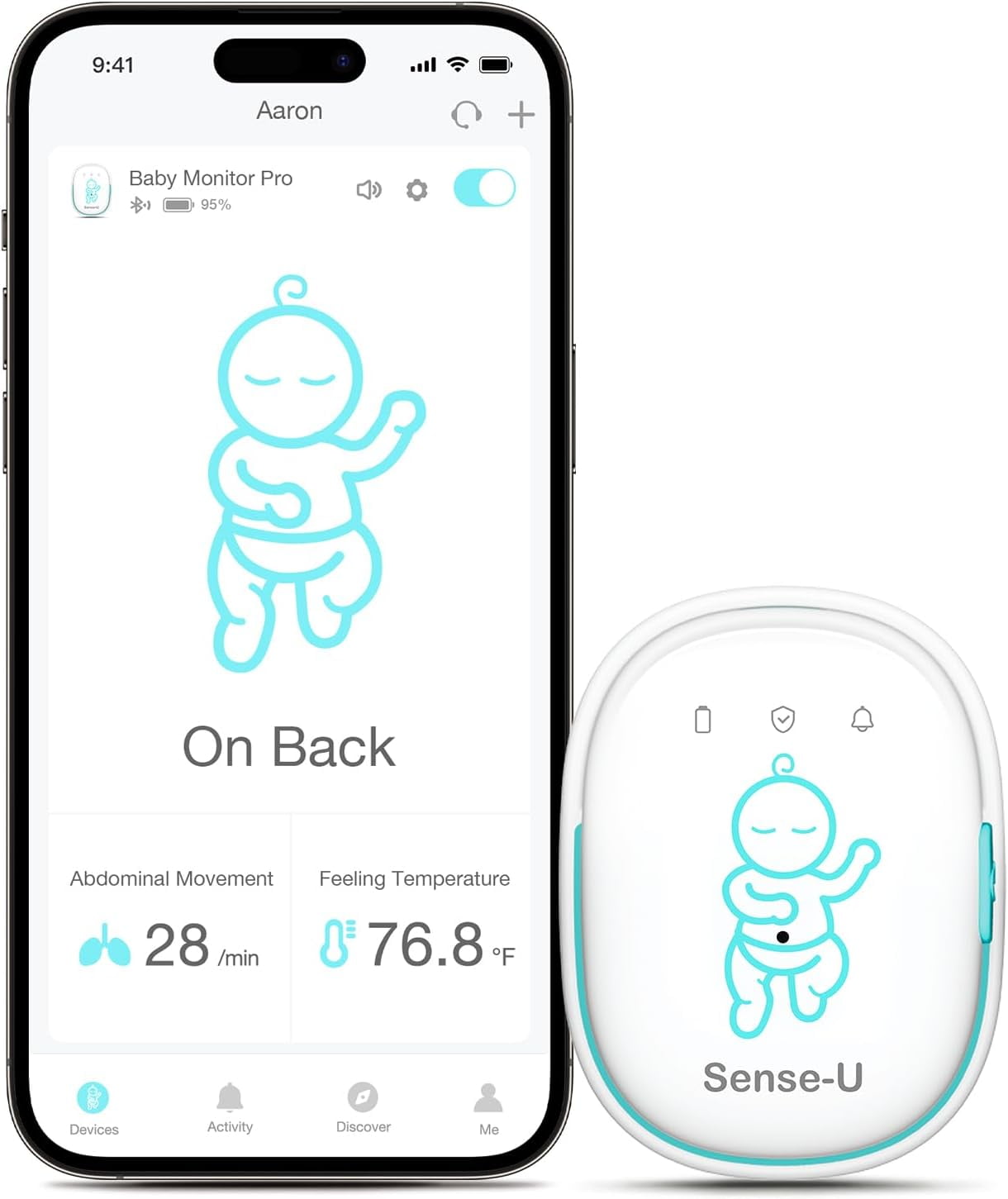 Sense-U Pro Baby Movement Monitor with Arousal Vibration, Audible & App Alerts: Tracks Abdominal Movement, Rollover/Sleeping Position, Feeling Temperature, Portable & Wearable Smart Sleep Monitor
