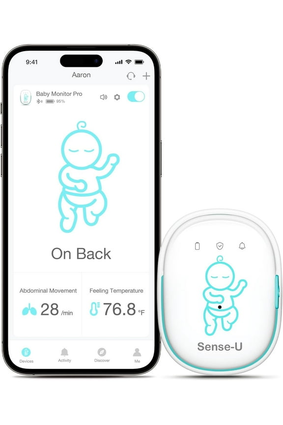 Pro Baby Movement Monitor with Arousal Vibration, Audible & App Alerts: Tracks Abdominal Movement, Rollover/Sleeping Position, Feeling Temperature, Portable & Wearable Smart Sleep Monitor
