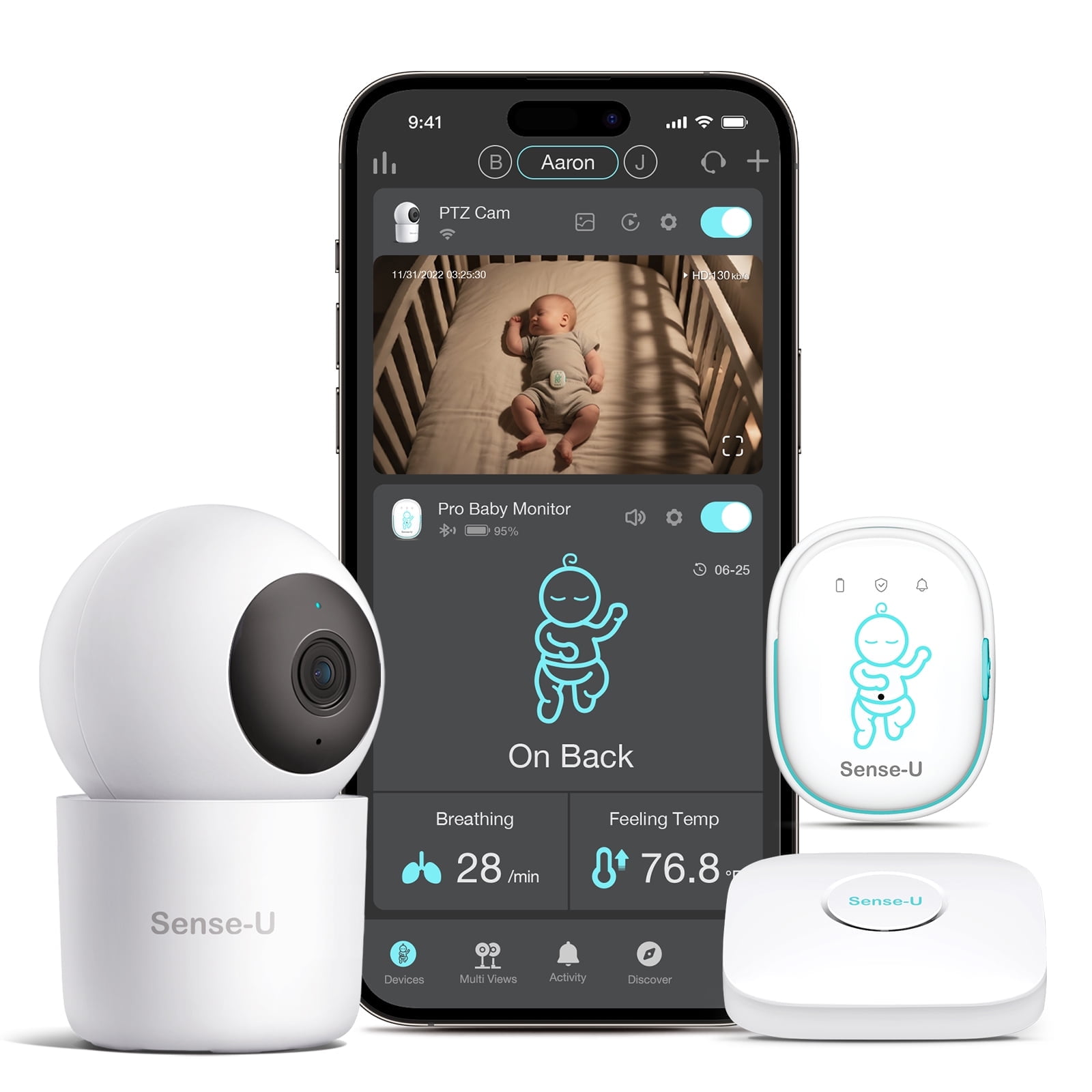 Sense-U Smart Baby Monitor Pro(Long Range)+2.5K PTZ Camera: Track Abdominal Movement with Arousal Vibration, Rollover, Feeling Temp, 2K Video, Background Sound & Motion Detection, No Monthly Fee
