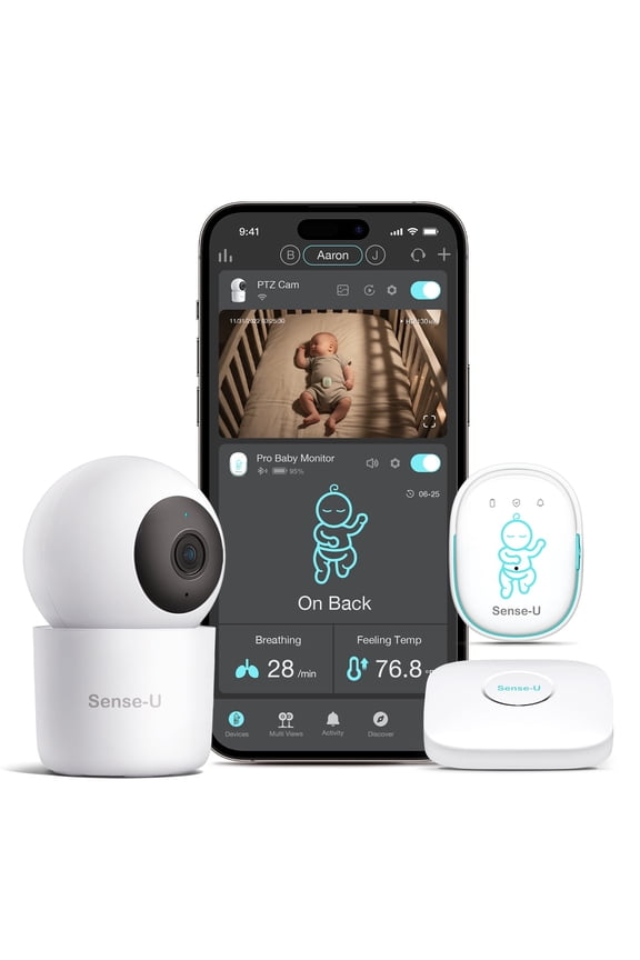 Smart Baby Monitor Pro(Long Range)+2.5K PTZ Camera: Track Abdominal Movement with Arousal Vibration, Rollover, Feeling Temp, 2K Video, Background Sound & Motion Detection, No Monthly Fee