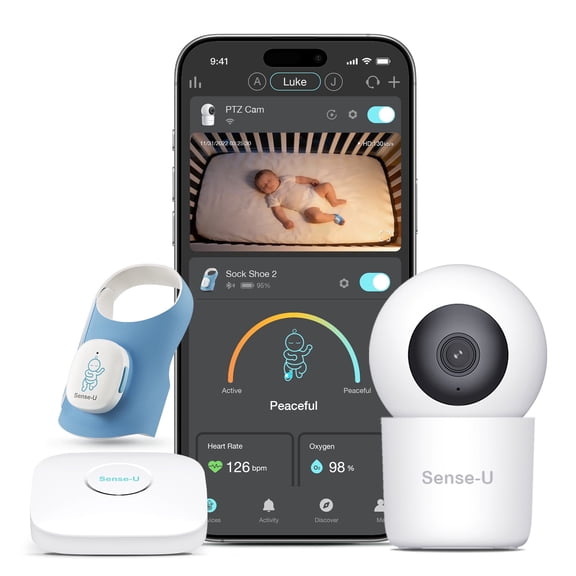 Sense-U Smart Baby Monitor Sock Shoe 2 Bundle Tracking Movement and Sleep Quality Indicators,with 2.5K HD Video Camera,AI Cry Detection,Night Vision and 2-Way Talk