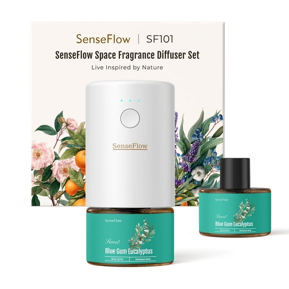 SenseFlow Space Fragrance Diffuser SF101 - Adjustable Natural Atomizer Essential Oil Kit with 120-Day Long-Lasting Aroma, LED Light, Ideal for Home, Hotel - Blue Gum Eucalyptus