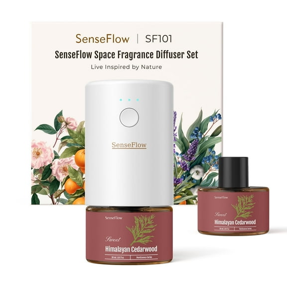 SenseFlow Space Fragrance Diffuser SF101 - Adjustable Natural Atomizer Essential Oil Kit with 120-Day Long-Lasting Aroma, LED Light, Ideal for Home, Hotel - Himalayan Cedarwood