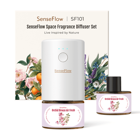 SenseFlow Space Fragrance Diffuser SF101 - Adjustable Natural Atomizer Essential Oil Kit with 120-Day Long-Lasting Aroma, LED Light, Ideal for Home, Hotel - Orchid Breeze Air Fresh