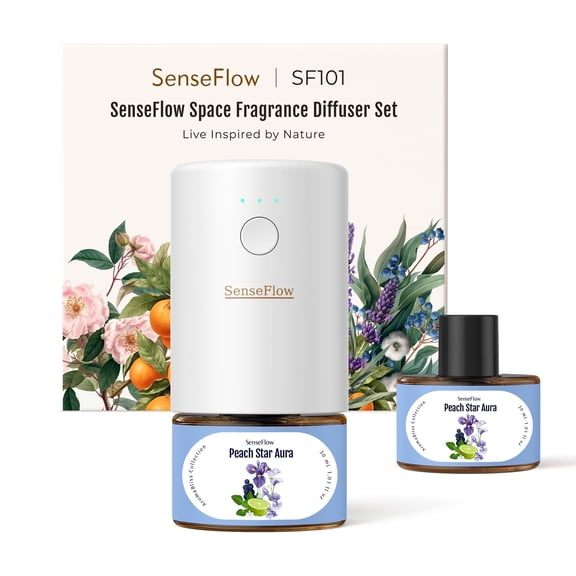 SenseFlow Space Fragrance Diffuser SF101 - Adjustable Natural Atomizer Essential Oil Kit with 120-Day Long-Lasting Aroma, LED Light, Ideal for Home, Hotel - Peach Star Aura