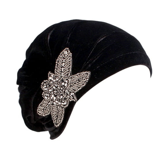 SenseStyle Turbans for Women Clearance Women's Elegant Soft Velvet Turban Beanie with Beaded Flower Hat Chemo for Cancer Hair Loss Ladies Hair Turbans for Women Fashion Black