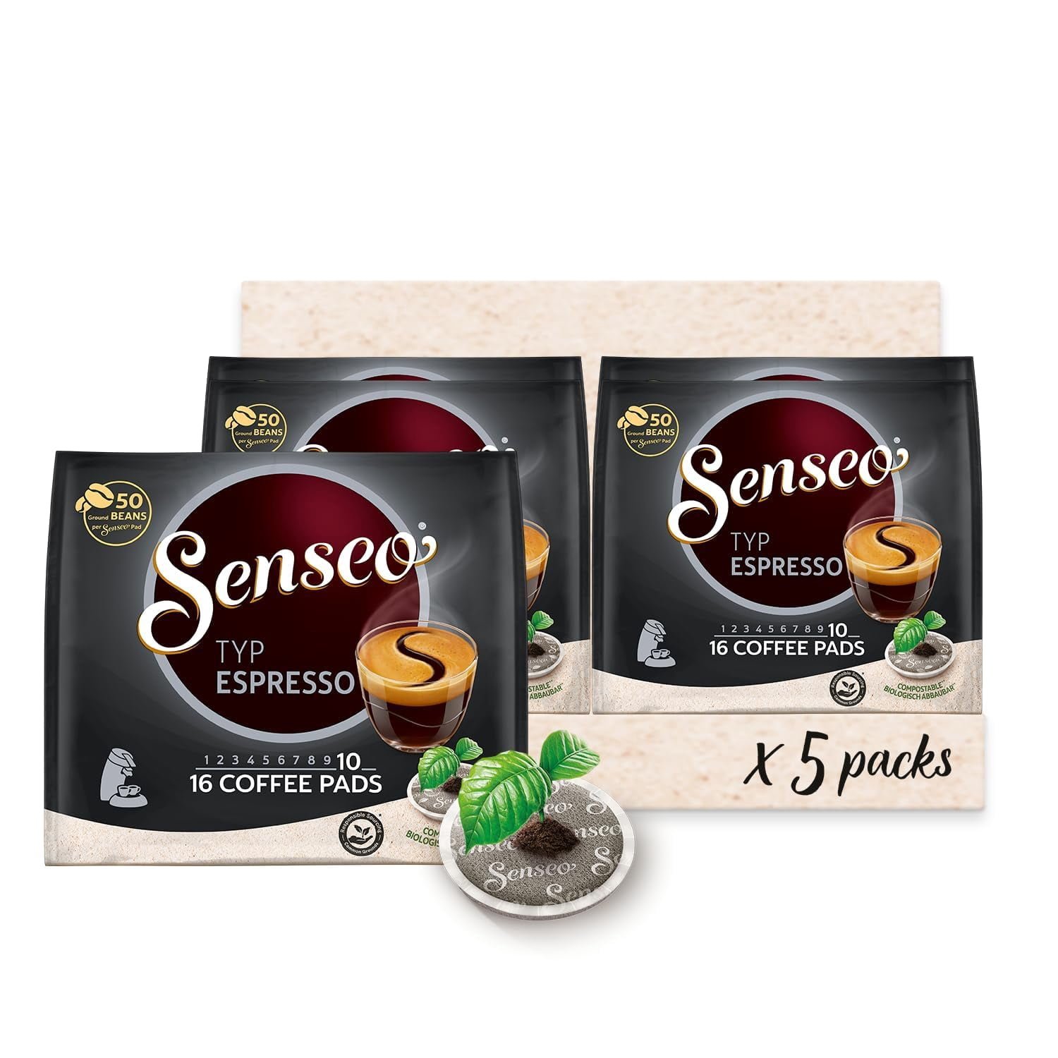 Senseo Espresso Coffee Pods for Coffee Makers, Hot & Cold Brew Pads, 80 Count, 16 Pods X 5 Packs