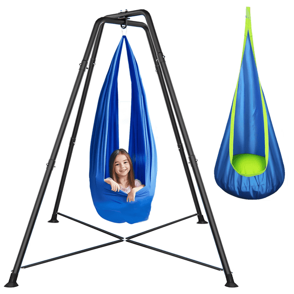 Sensory Swing with X-Shaped Stand, Hammock Stand with Kids Pod Swing Seat, Hanging Chair with Inflatable Cushion, Helps with ADHD/Autism, Blue