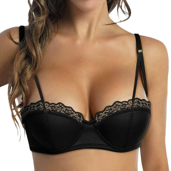 Sensestyle Balconette Push up Bra A Satin Tapered Bra with Anti Sagging Charm and Lace Half Cup Design for Ladies Bras for Women Black 32