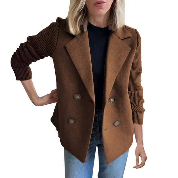 Sensestyle Cardigan Blazer Women, Women's Lapel Knitted Patchwork Sleeve Casual Coat Cropped Double Breasted Suit Sweater Blazers for Women Brown S