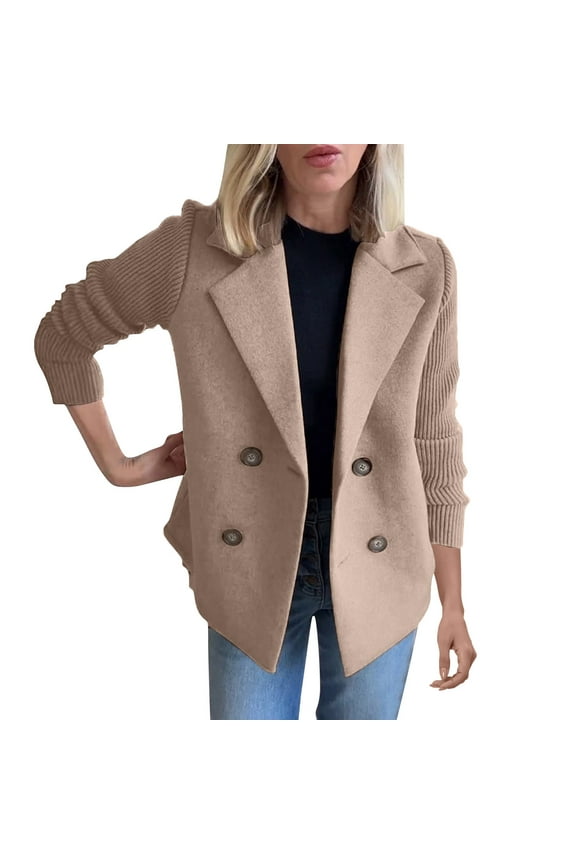 Cardigan Blazer Women, Women's Lapel Knitted Patchwork Sleeve Casual Coat Cropped Double Breasted Suit Sweater Blazers for Women Coffee L
