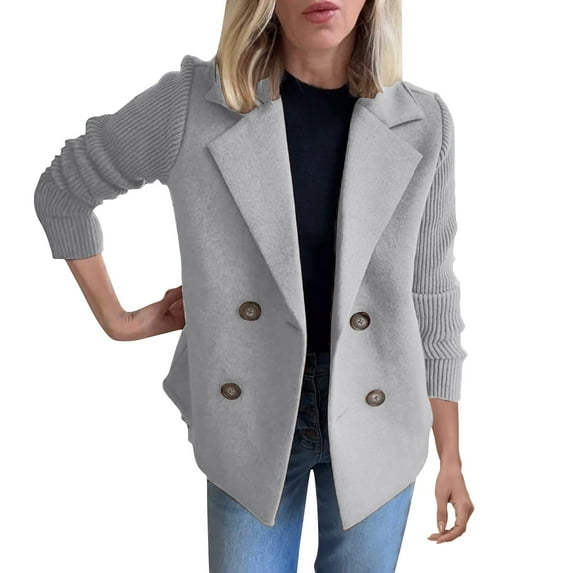 Sensestyle Cardigan Blazer Women, Women's Lapel Knitted Patchwork Sleeve Casual Coat Cropped Double Breasted Suit Sweater Blazers for Women Grey XL