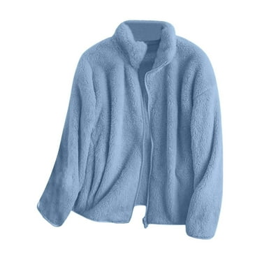 Sensestyle Fuzzy Fleece Jacket Women, Stand up Collar Lined Teddy Jacket Warm Fleece Jackets Plain Cardigan Baggy Sweat Jacket with Zip Transition Jacket Women's Coats Blue L