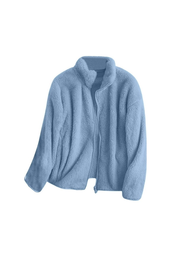 Fuzzy Fleece Jacket Women, Stand up Collar Lined Teddy Jacket Warm Fleece Jackets Plain Cardigan Baggy Sweat Jacket with Zip Transition Jacket Women's Coats Blue XL