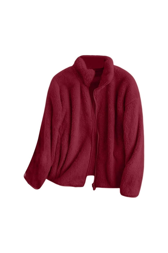 Fuzzy Fleece Jacket Women, Stand up Collar Lined Teddy Jacket Warm Fleece Jackets Plain Cardigan Baggy Sweat Jacket with Zip Transition Jacket Women's Coats Red M
