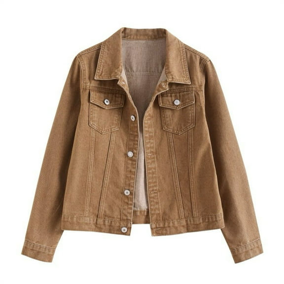 Sensestyle Jean Jacket Women, Women's Cropped Jean Jacket Long Sleeve Casual Button down Denim Jackets for Women Brown L