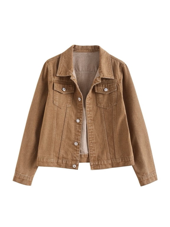Jean Jacket Women, Women's Cropped Jean Jacket Long Sleeve Casual Button down Denim Jackets for Women Brown L