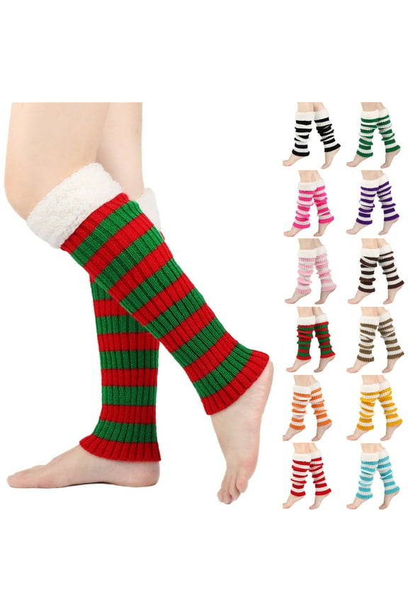 Leg Warmers, Women's Winter Striped Knitted Sock Hairy Warm Leg Stacked Socks Christmas Warm Foot Socks for Women Black
