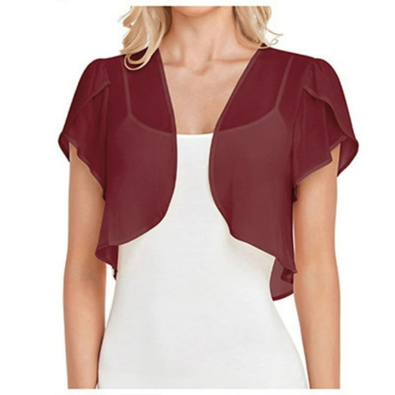 Sensestyle Lightweight Cardigans for Women A Plain Colored Thin Shawl Chiffon Short Cardigan with Sleeves for Ladies Cropped Cardigan Wine XL