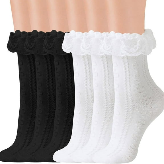 Sensestyle Womens Socks, Womens Lace Frilly Socks Crew Socks Cotton Cute Ankle Dress Socks for Girl White Black Mesh Lace Trim Socks Socks Ankle High Socks for Women Black