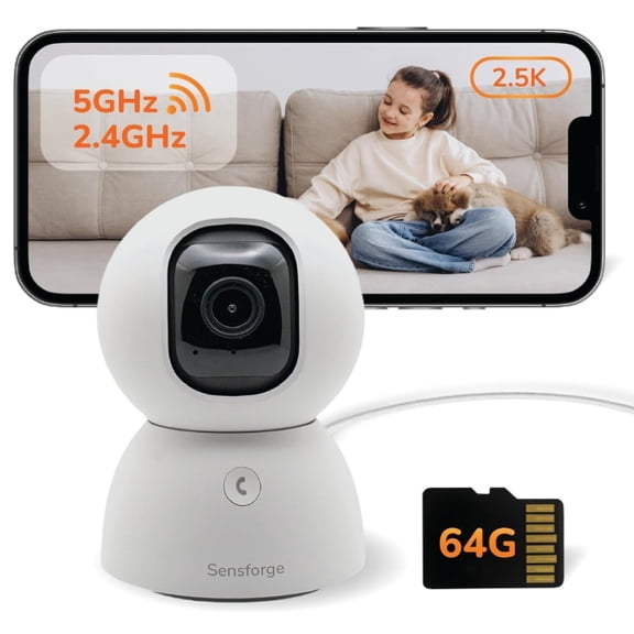 Sensforge 2.5K Indoor Pan-Tilt Dome Security Camera, AI Human & Pet Detection, 360° Coverage, Two-Way Audio, Dual-Band Wi-Fi (2.4G/5G), 64GB SD Card Included, No Monthly Fees (1, White)