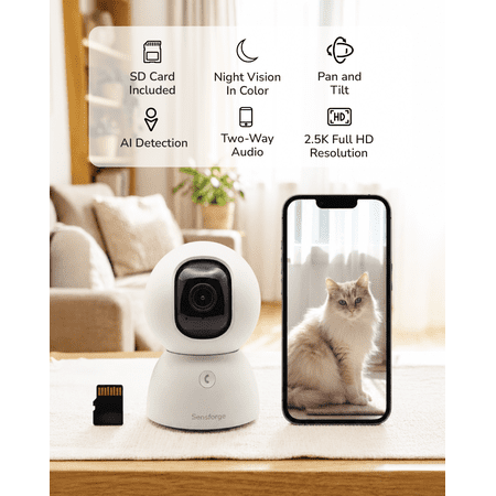 SensForge 2.5K Indoor Pan-Tilt Security Camera, 360° Dual-Band 2.4/5GB Wi-Fi Camera for Home, Smart AI Human & Pet Detection, 64GB SD Card Included, Two-Way Talk, No Subscription Required