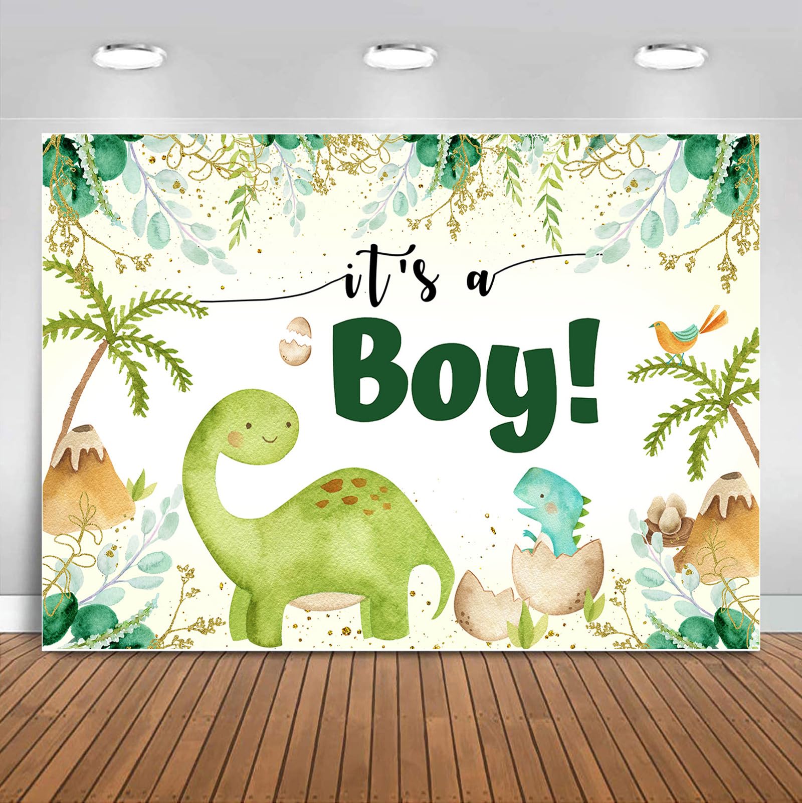 Dinosaurier Babyparty Hintergrund – „It's A Boy“ Mit Grünen Eukalyptusblättern, 210x150 Cm