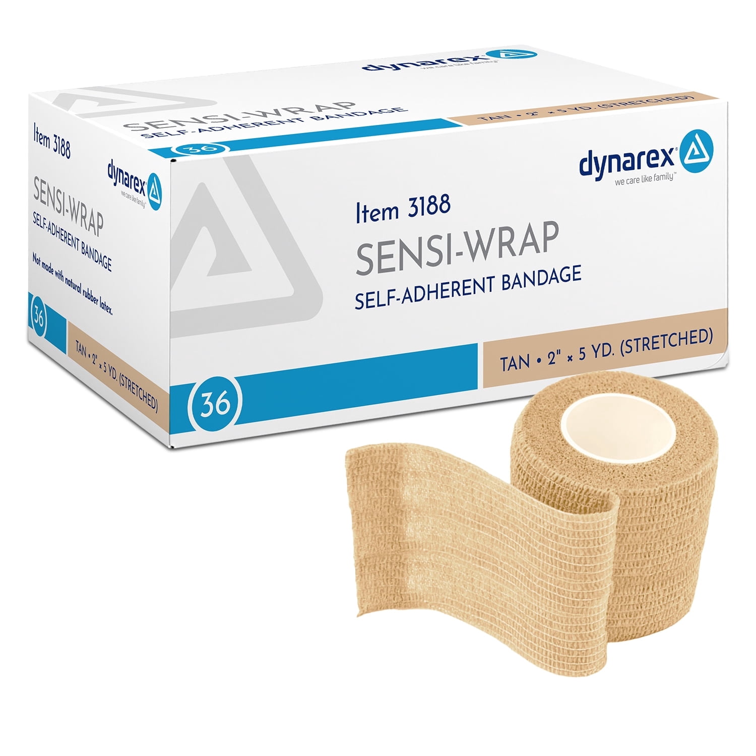 Dynarex Sensi-Wrap Self-Adhesive Bandages, 36-Pack, 2 in x 5 yards, Tan, Latex-Free, Colored Elastic Cohesive Athletic Tape, Tattoo Grip & Vet Wrap
