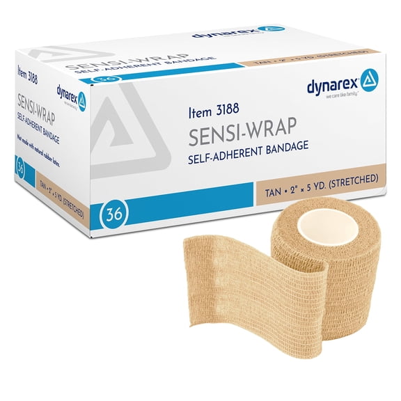 Dynarex Sensi-Wrap Self-Adhesive Bandages, 36-Pack, 2 in x 5 yards, Tan, Latex-Free, Colored Elastic Cohesive Athletic Tape, Tattoo Grip & Vet Wrap