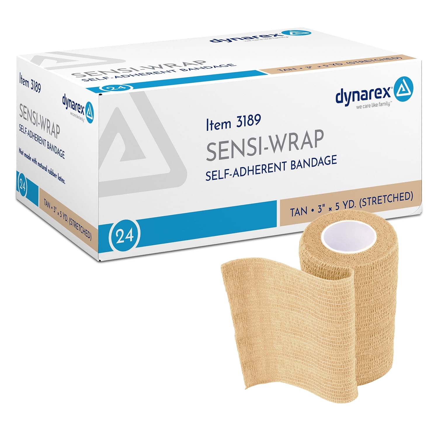 Dynarex Sensi-Wrap Self-Adhesive Bandages, 24-Pack, 3" x 5 yards, Tan, Latex-Free, Colored Elastic Cohesive Athletic Tape, Tattoo Grip & Vet Wrap
