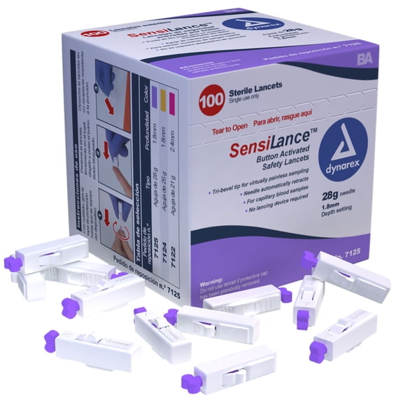 Button Activated Safety Lancets Sterile 28 gauge - 1.8 mm Depth 1 box of 100 Lancets