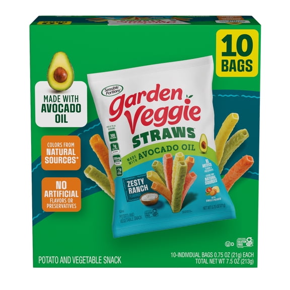 SensiblePortionsGardenVeggieStraws Made with Avocado Oil, ZestyRanch Flavor,0.75 oz Snack Bag, 10 Count