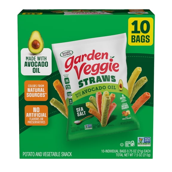 Sensible Portions Garden Veggie Avocado Oil, Sea Salt Straws, 0.75 oz Snack Bag Multipack (10 Count)