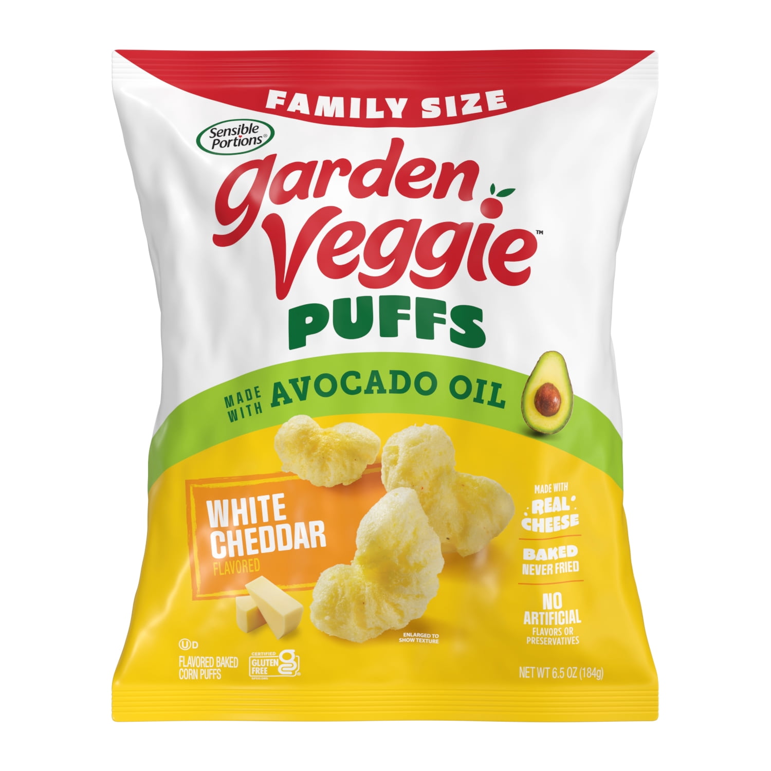Sensible Portions Garden Veggie Puffs Made with Avocado Oil, White Cheddar Flavor, 6.5 oz Bag