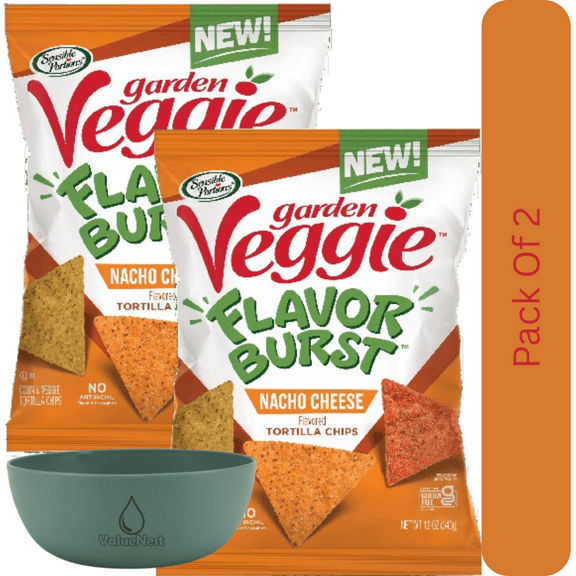 Sensible Portions Garden Veggie Flavor Burst Nacho Cheese Tortilla Chips, 12 oz Bag With Olive Green Bowl By ValueNest