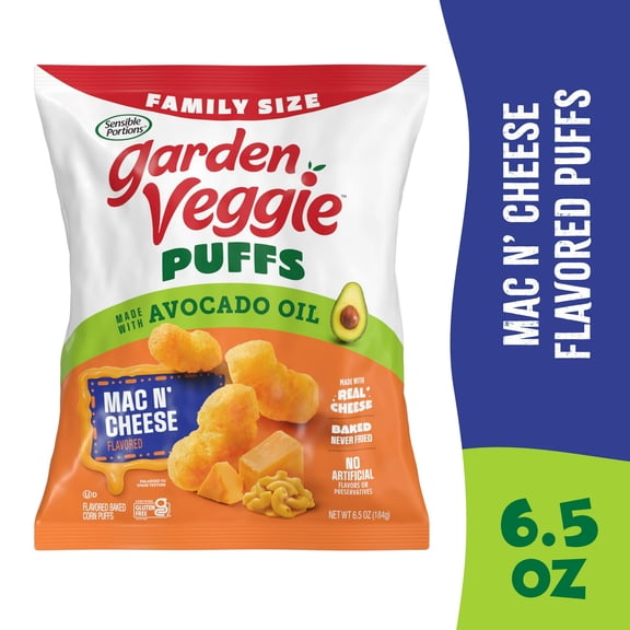 Sensible Portions Garden Veggie Puffs Made with Avocado Oil, Mac n' Cheese Flavor, 6.5 oz Bag