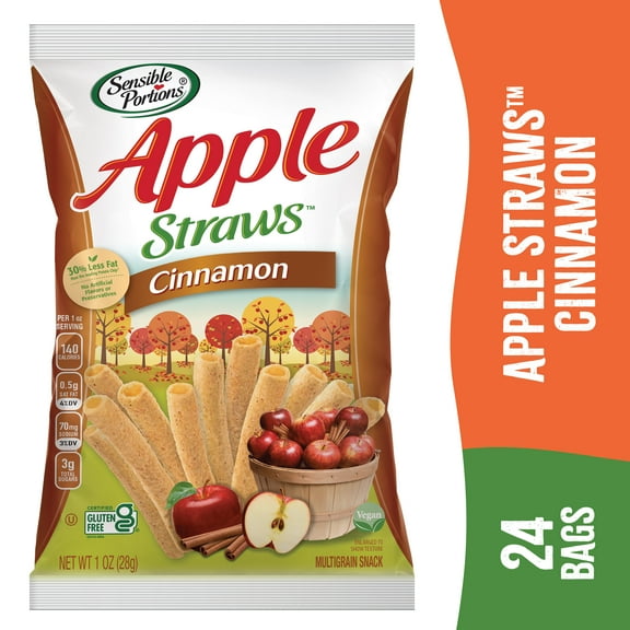 Sensible Portions Gluten-Free Cinnamon Apple Straws Multipack, 1 oz Snack Bag, 24 Count