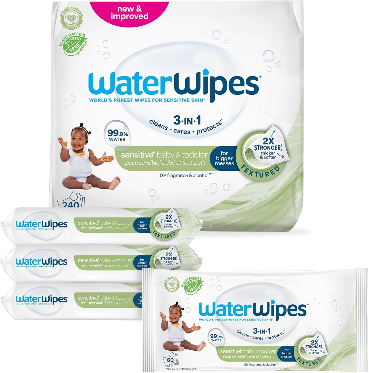 Sensitive+ Baby & Toddler Wipes, 3-In-1 Cleans, Cares, Protects, 99.9% Water, Textured Clean, Unscented & Hypoallergenic, 240 Count (4 Packs)