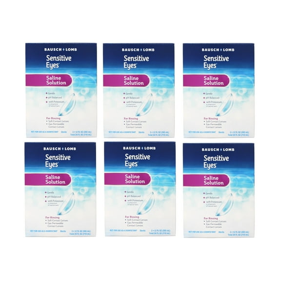 Sensitive Eyes Saline Solution from Bausch & Lomb, for Soft Contact & Gas Permeable Lenses, Saline Solution with Potassium, 2 x 12 Fl Oz (710 mL), - 6 Pack