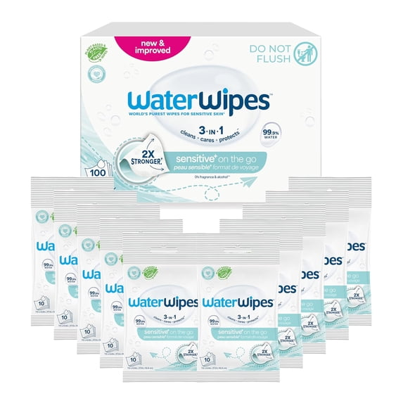Sensitive+ On The Go Wipes, 3-In-1 Cleans, Cares, Protects, 99.9% Water, Unscented & Hypoallergenic Wet Wipes, 100 Count (10 Packs)